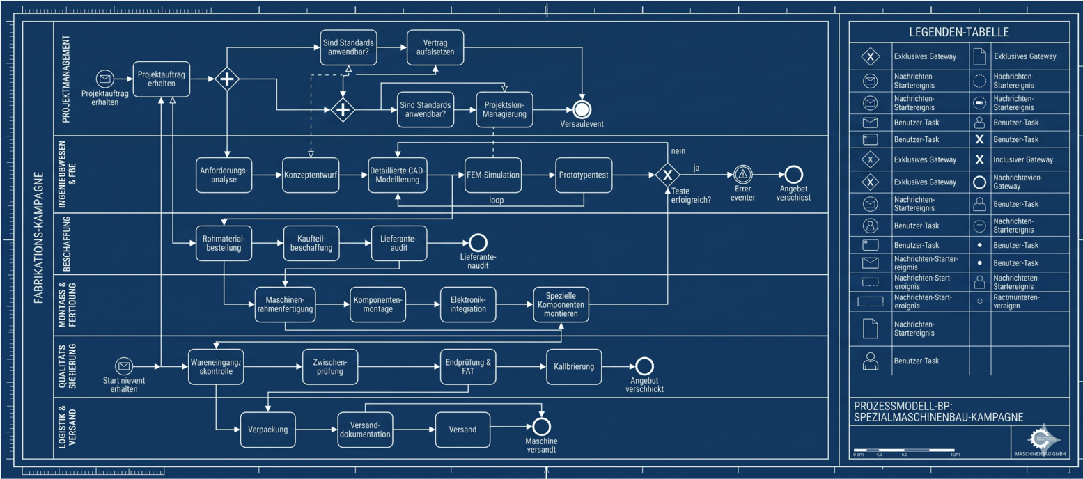 BPMN-Prozessmodell einer Maschinenbau-Kampagne — Soll-Prozess als Blaupause